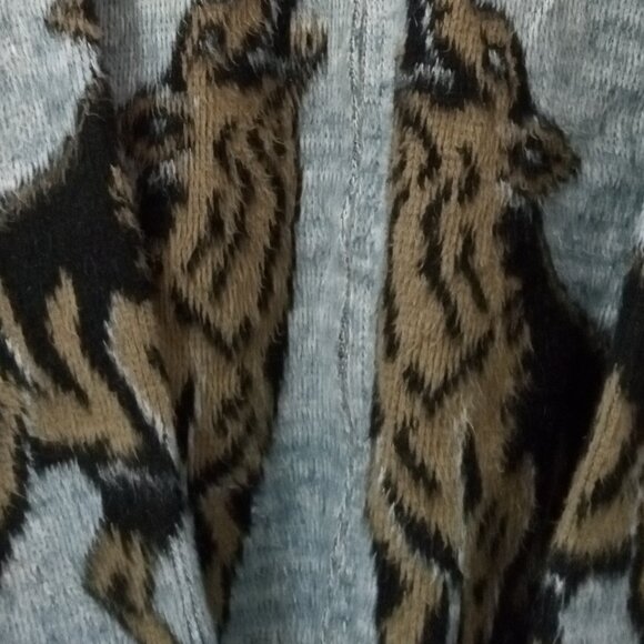 Vintage Yarina Wool Sweater Cardigan Womens Large Blue Howling Wolves Drawstring - Picture 3 of 7